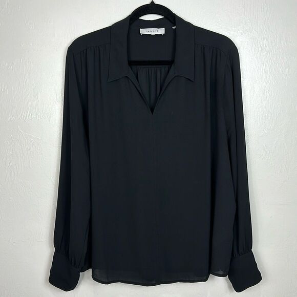 Lark & Ro Black Solid Collared Long Sleeve Blouse Top Size XL - Picture 2 of 10
